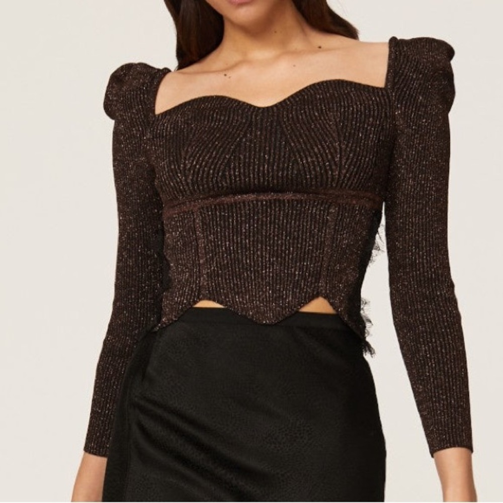 Elliatt Brown Metallic Ribbed Puff-Sleeve Crop Top